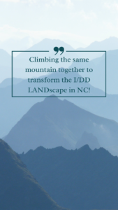 Image of blue mountains with the sentence "Climbing the same mountain together to transform the I/DD LANDscape in NC!