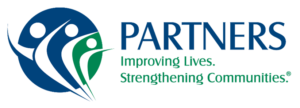 Blue and green logo with the words Partners - Improving Lives. Strengthening Communities.