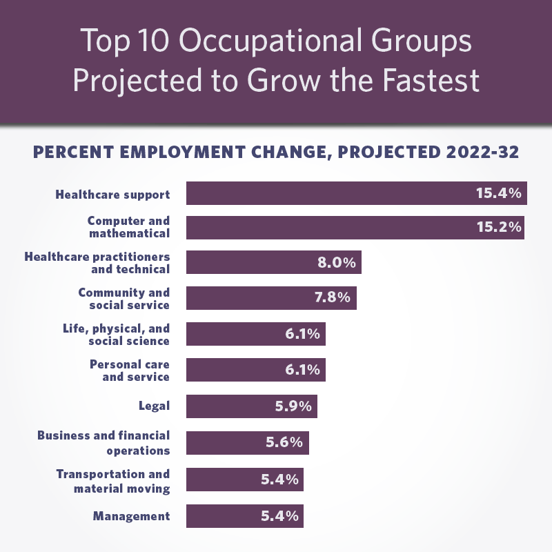 Graph from the Bureau of Labor Statistics listing the top 10 occupations groups projected to grow the fastest.