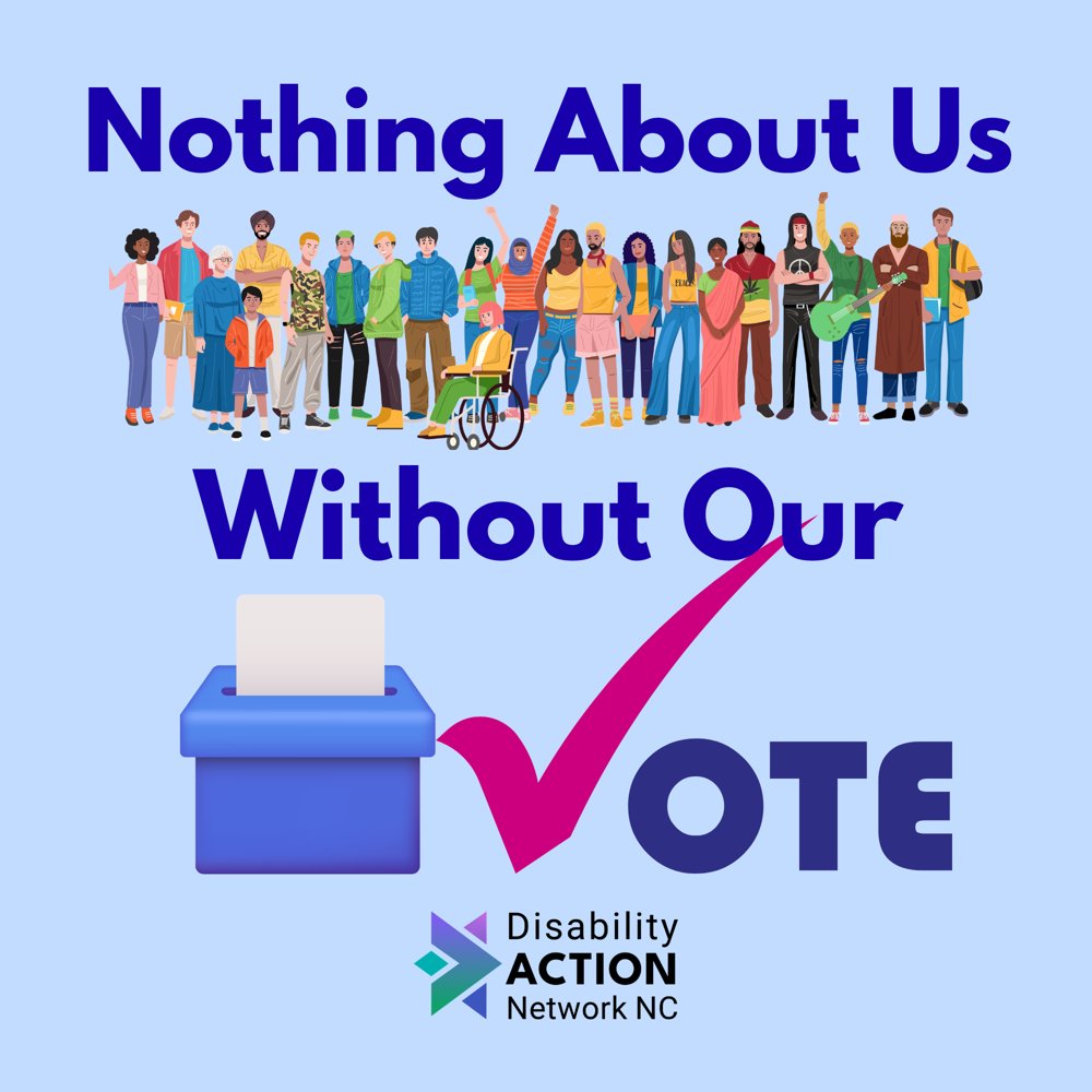 "Nothing About Us Without Our Vote". A group of individuals with varying abilities lined up above a ballot box.